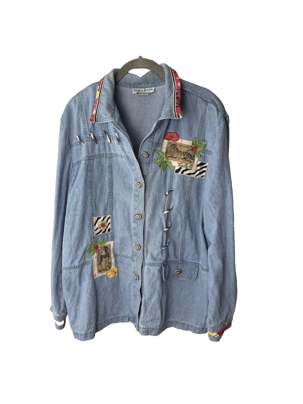 Nancy Bolen City Girl Jean Jacket Size 16 Button Up Embroidered Appliques